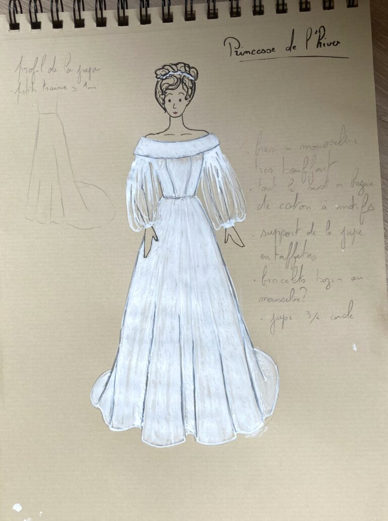 Croquis de robe de mariée de princesse en mousseline et mikado de soie